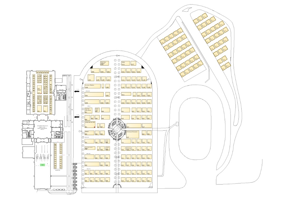 Map of all of the booth spaces at the Arapahoe County Fairgrounds at Glamping Show Americas 2025.