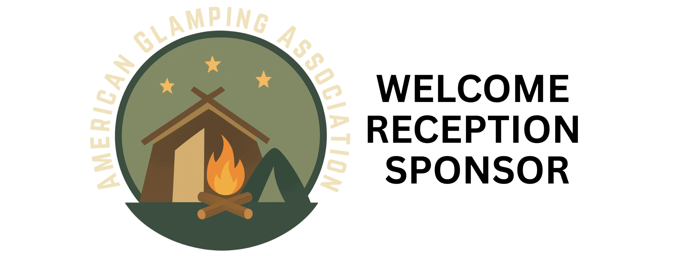 American Glamping Association logo features an illustrated camping tent. It also reads: Welcome Reception Sponsor