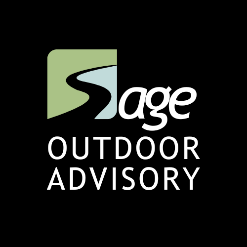 Black Square Sage Logo Green, blue and white Sage Outdoor Advisory on a black background.