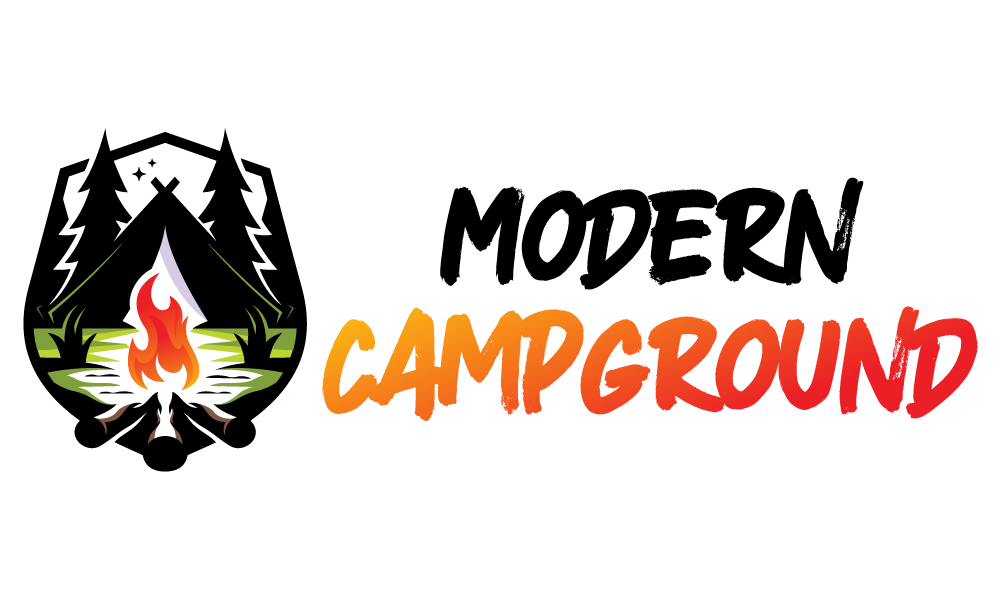 Fire-colored Modern Campground with a graphic of a campfire in a forest