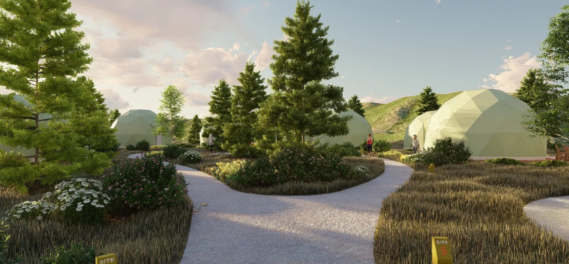 GSA251-the-nest-at-black-hawk-08.12.25 Photo of The Nest at Black Hawk with a tree-lined path winding through multiple Harmony glamping domes.