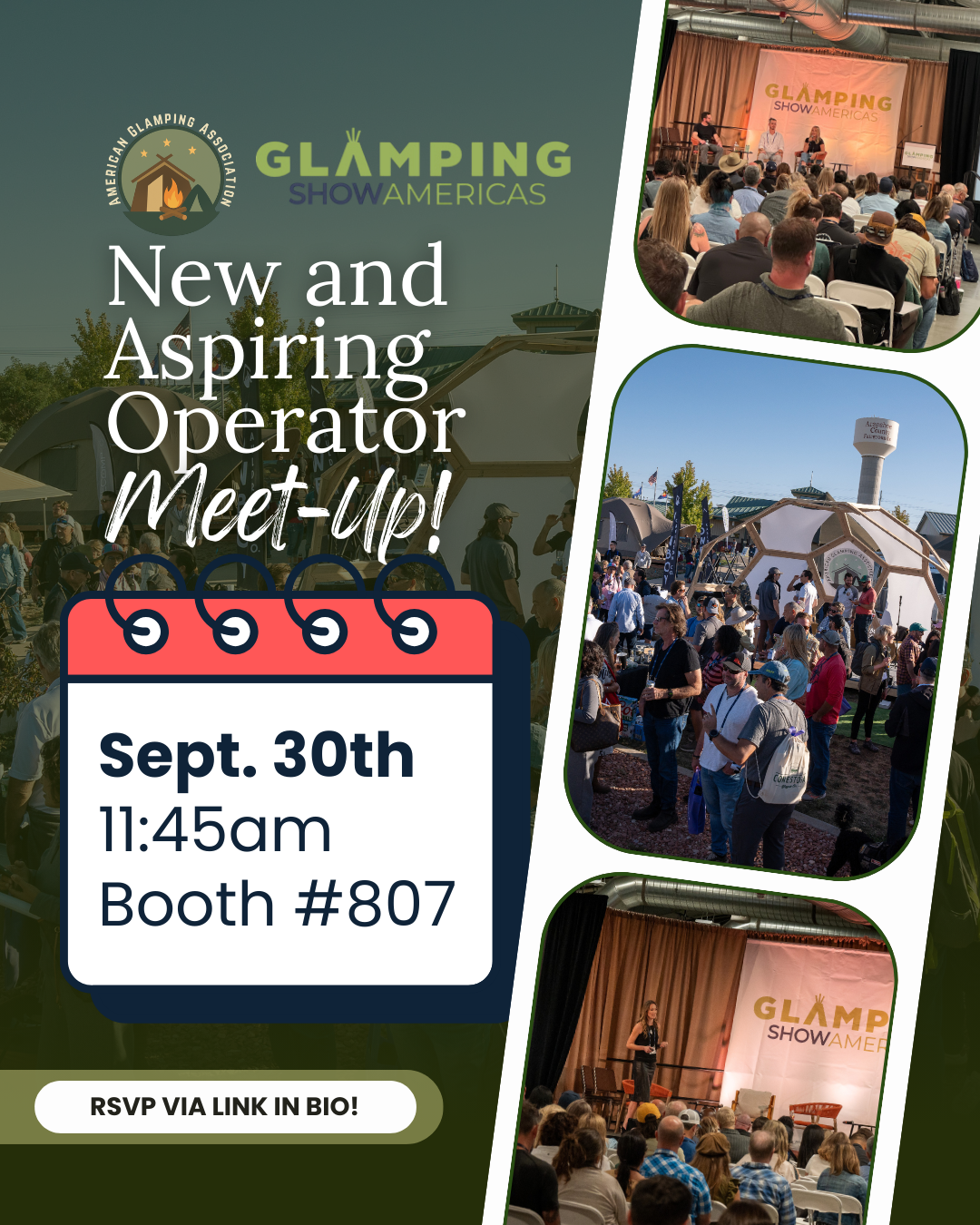 Aspiring Operator Meet-up Promo for New and Aspiting Operator Meet-up at American Glamping Association. Sept. 30th 11:45am Booth #807 RSVP via link in the bio.