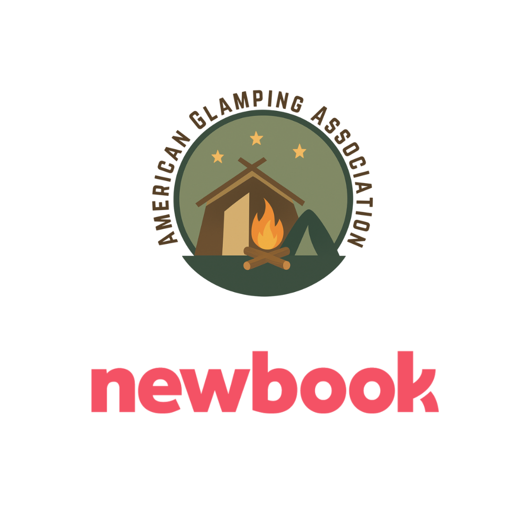Newbook session American Glamping Association logo and red newbook logo.