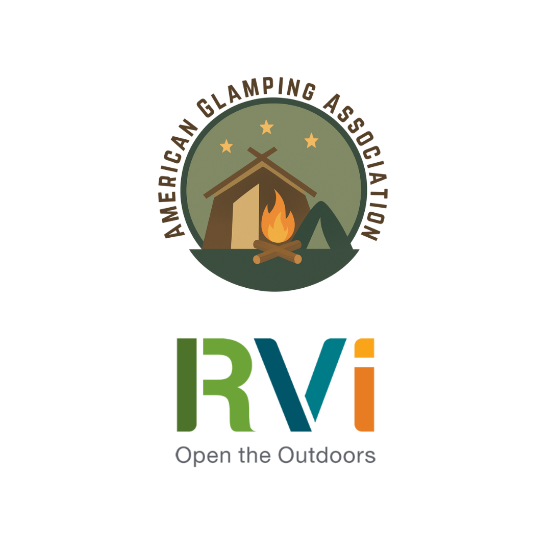 RVI logo American Glamping Association logo and RVi logo with the tagline Open for Outdoors