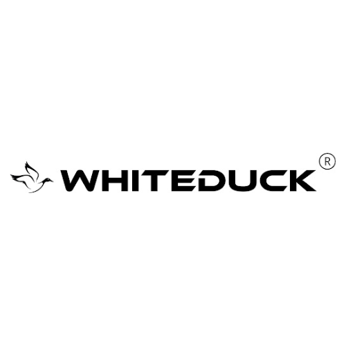 White Duck logo Black Whiteduck logo with an illustration of a duck in flight.