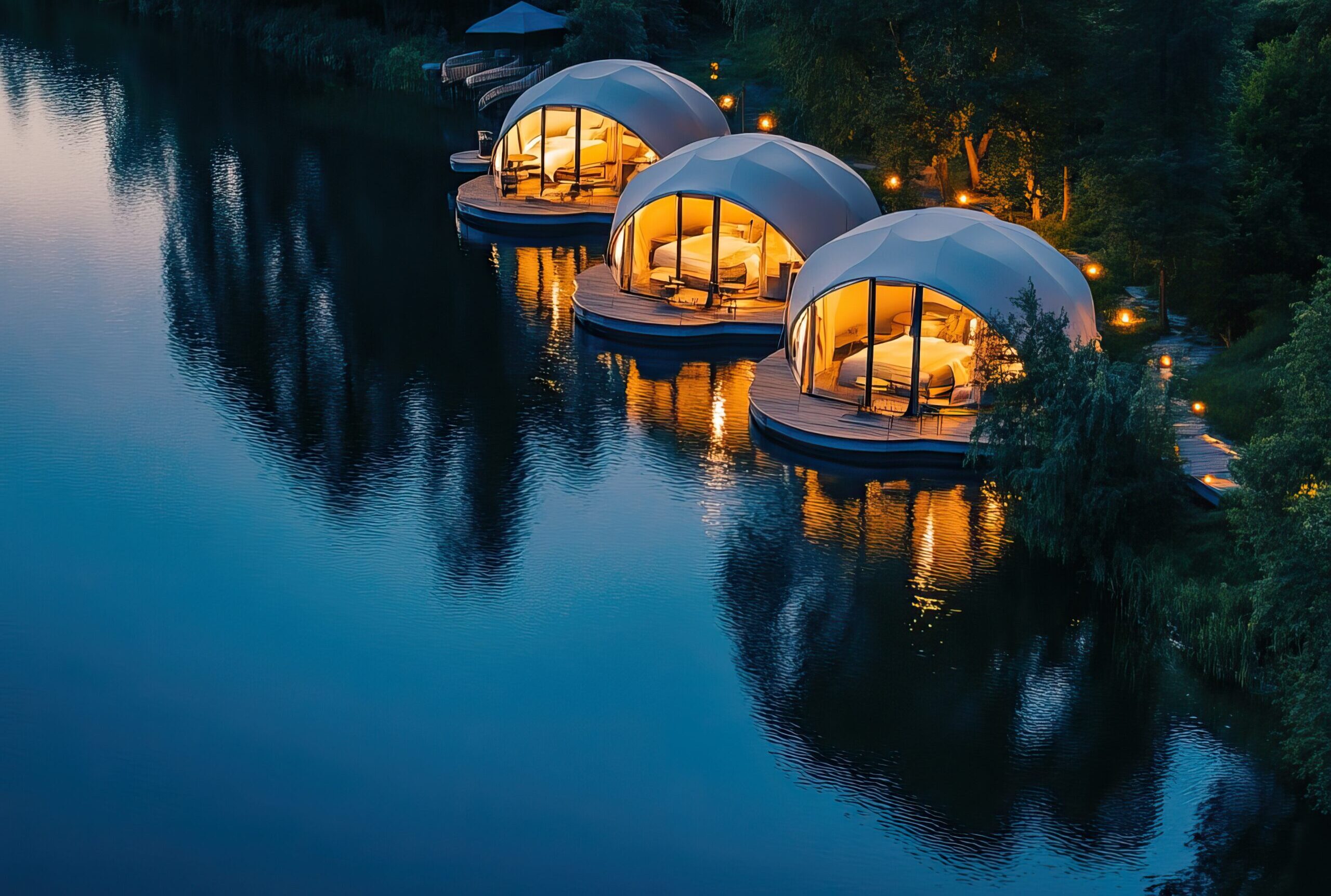 Three glamping domes lit from within on a lake at dusk with a lush forest behind them.