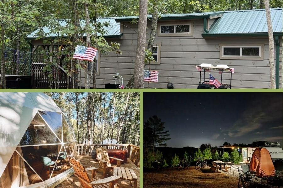 Three photos of a cabin, dome and RV from Broad River Campground.
