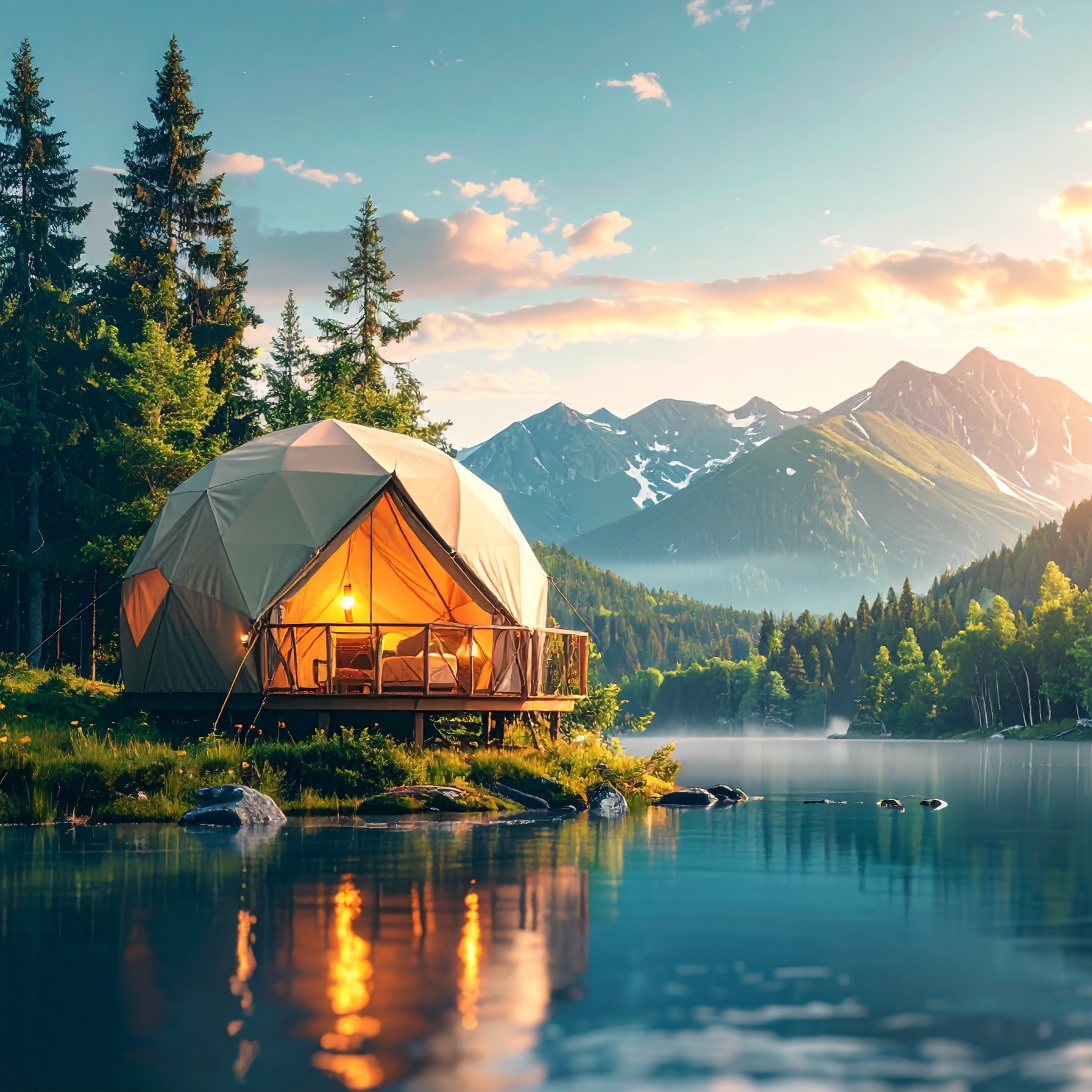 Geodesic dome glamping tent on a wooden deck beside a calm mountain lake at sunset, glowing warmly inside, surrounded by pine trees with snow-capped peaks in the background reflected in the water.
