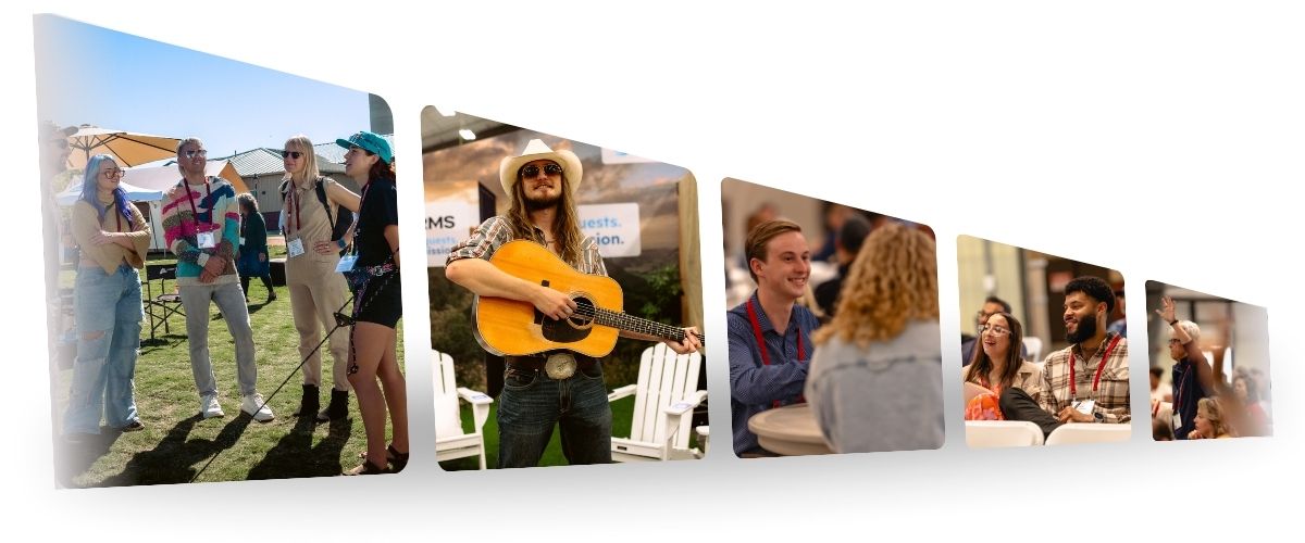 Collage of 5 images of Glamping Show Americas attending in descending size.