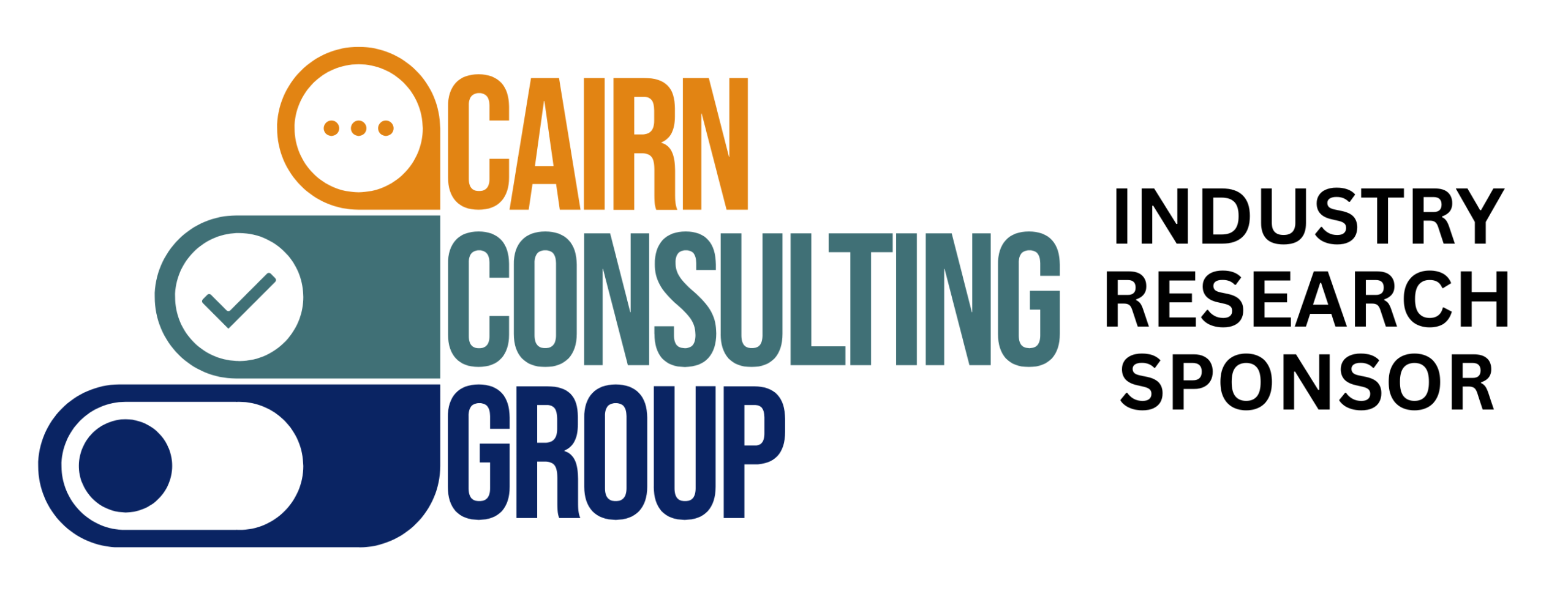 Logo for Cairn Consulting Group featuring orange, teal and navy icons (chat bubble, checkmark and toggle switch) alongside the company name. Text reads “Industry Research Sponsor.”