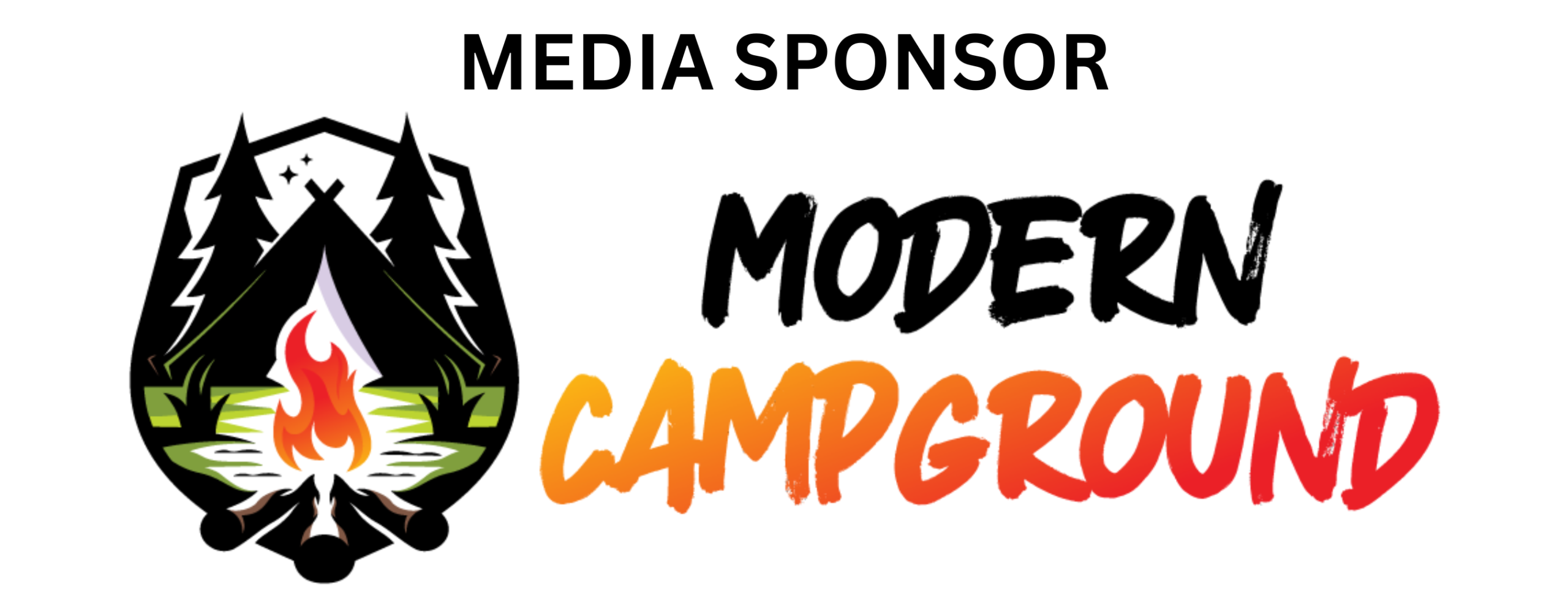 Logo with a stylized campsite scene including trees, a tent and a campfire inside a badge shape. Text reads “Modern Campground” with “Media Sponsor” above.