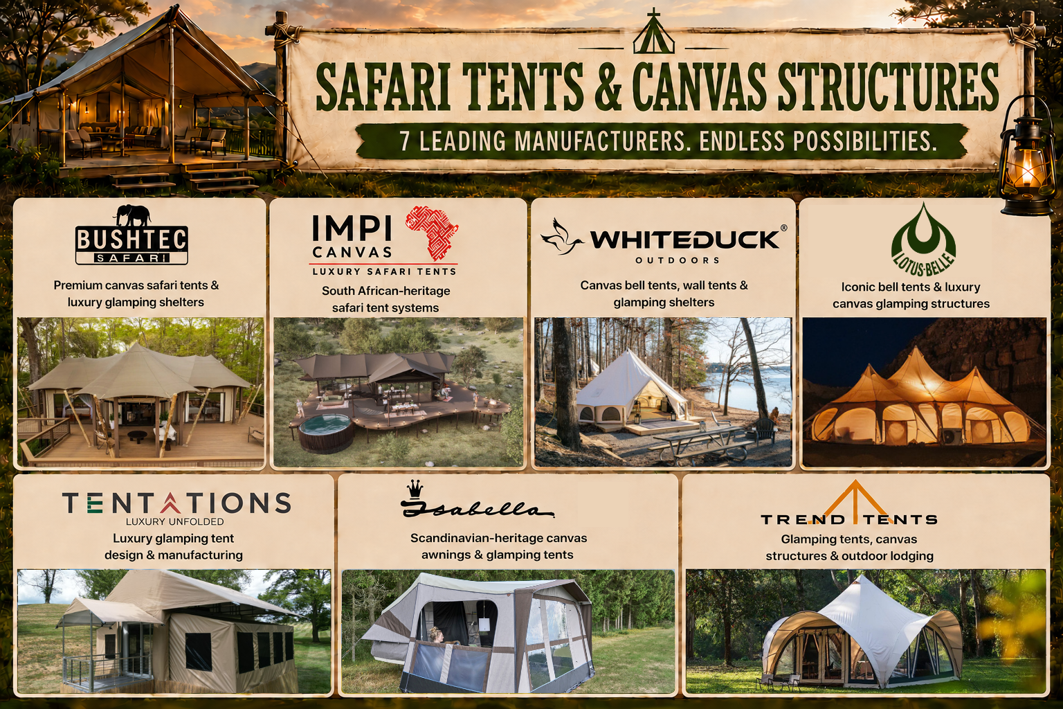 Promotional graphic for Glamping Show Americas featuring safari tents and canvas structures from seven leading manufacturers. The rustic outdoor-themed layout includes logos, descriptions and photos from Bushtec Safari, Impi Canvas, White Duck Outdoors, Lotus Belle, Tentations, Isabella USA and Trend Tents. Large headline reads “Safari Tents & Canvas Structures” with the subheadline “7 Leading Manufacturers. Endless Possibilities.” against a warm wilderness backdrop with lantern accents.