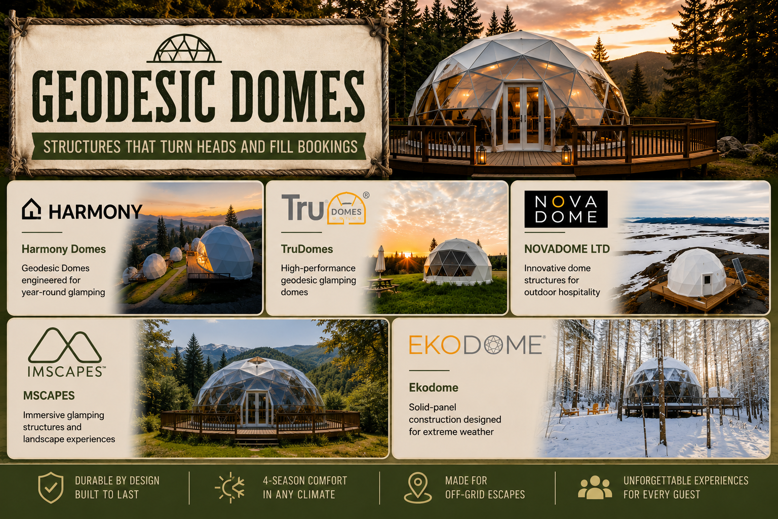 Graphic detailing the different dome manufacturers you will encounter at Glamping Show Americas.