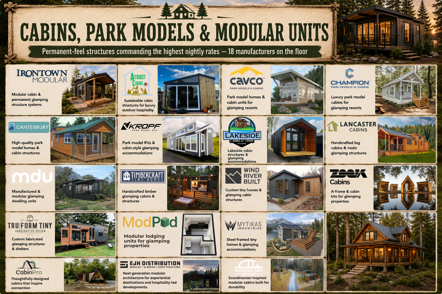 Photos of cabins, park models and other modular structures exhibiting at Glamping Show Americas