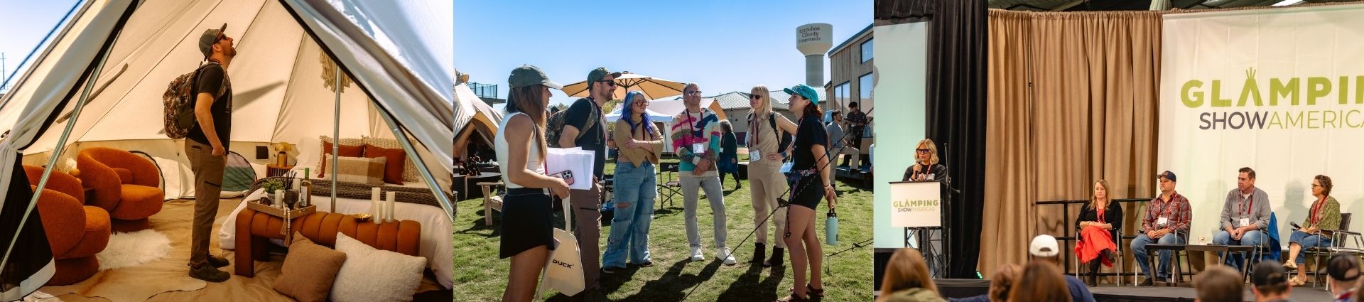Three images from Glamping Show Americas depicting the structures, the conference and networking.