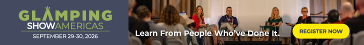 Glamping Show Americas promotional banner featuring the event logo and September 29–30, 2026 dates, a Conference panel discussion photo, the message “Learn From People Who’ve Done It.” and a yellow “Register Now” button.