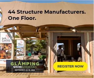 Promotional graphic featuring an Imp Campus safari tent with the text “44 Structure Manufacturers. One Floor.” and “Register Now,” along with the Glamping Show Americas logo and September 29–30, 2026 event dates.