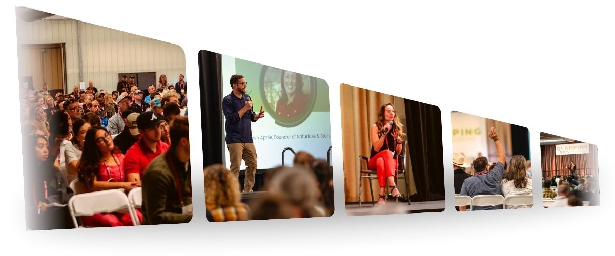 Photos from the Glamping Show Americas conference configured to look like a pendant.