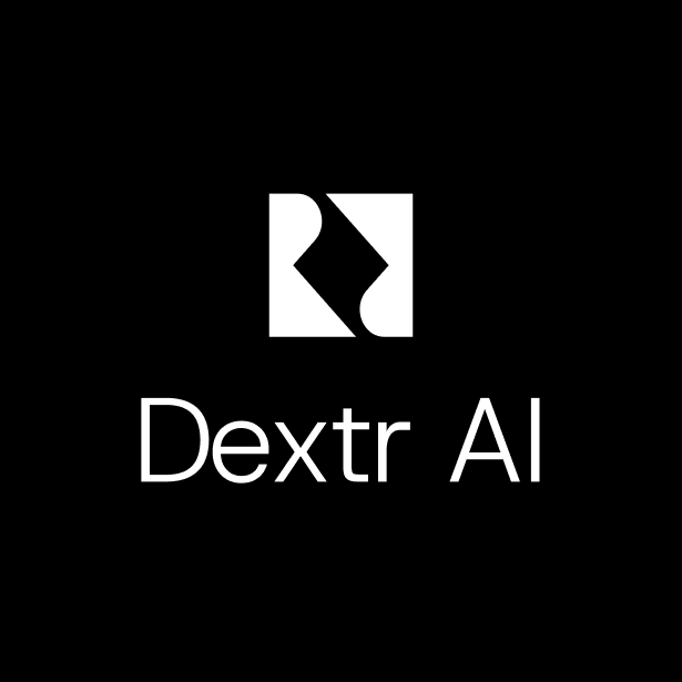 White logo for Dextr AI on a black background