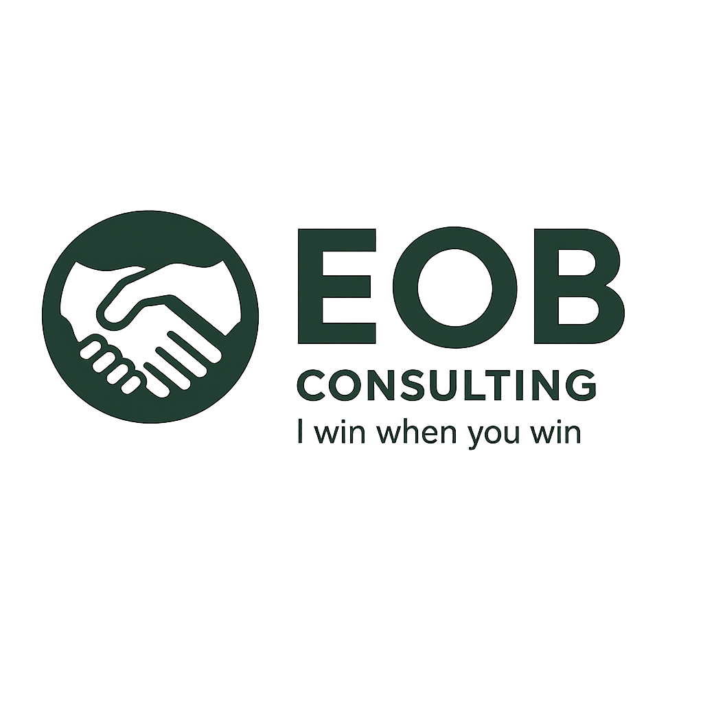 EOB Consulting logo with icon of shaking hands and tag: I win when you win