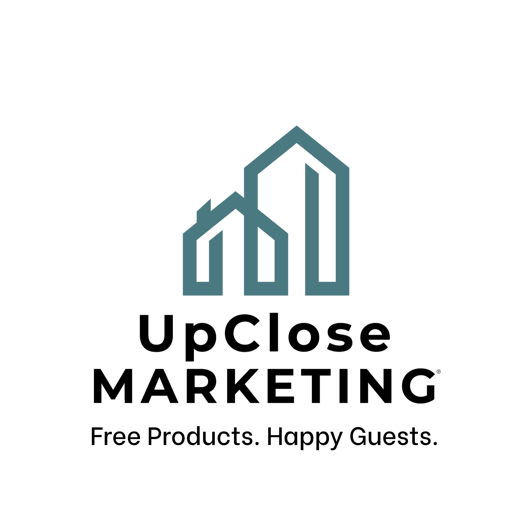 UpClose Marketing logo. Includes house illustration and the tagline: Free products. Happy guests.