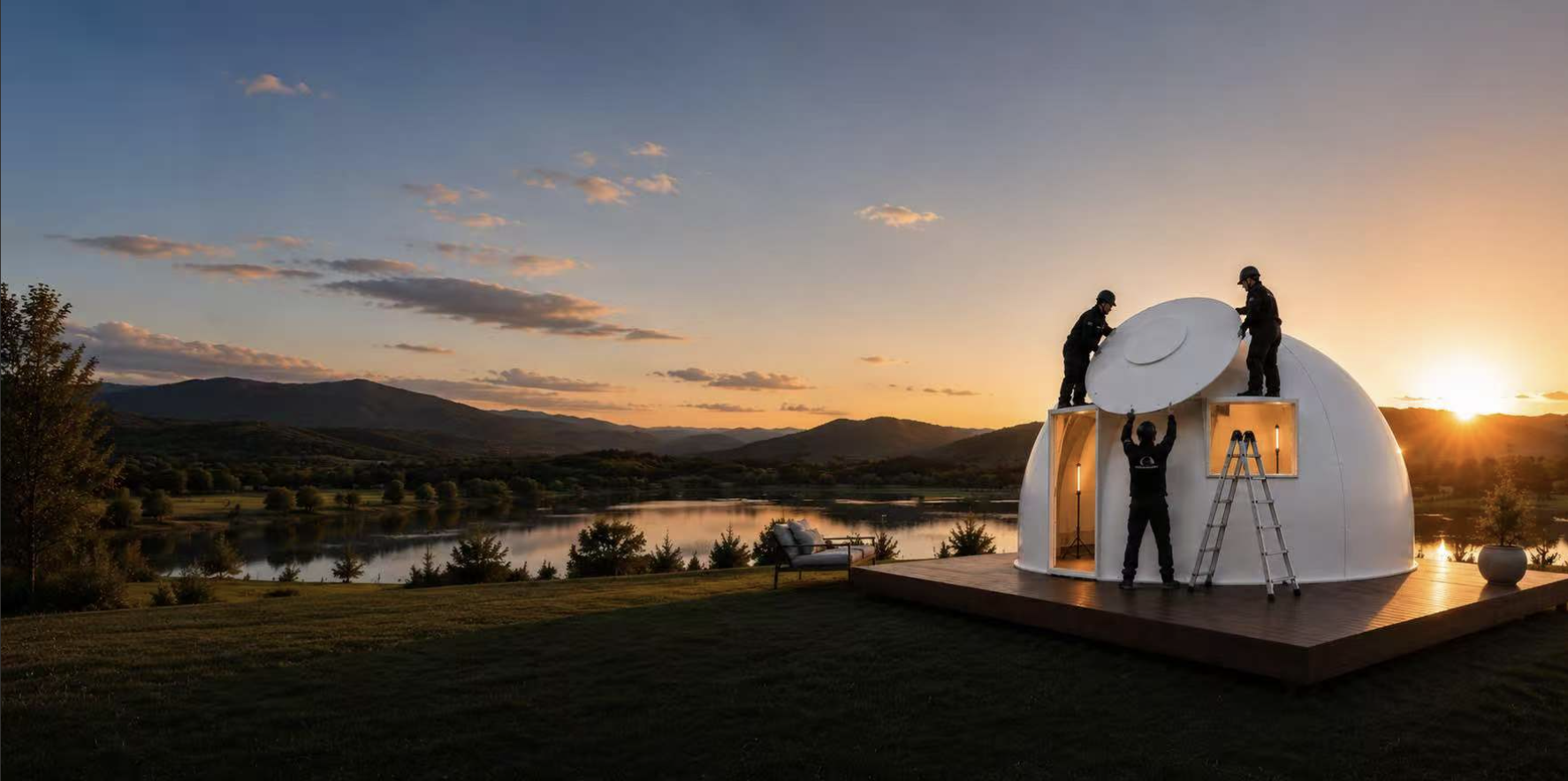 Workers install panels on a white MarsDome glamping structure overlooking a lake and mountains at sunset.