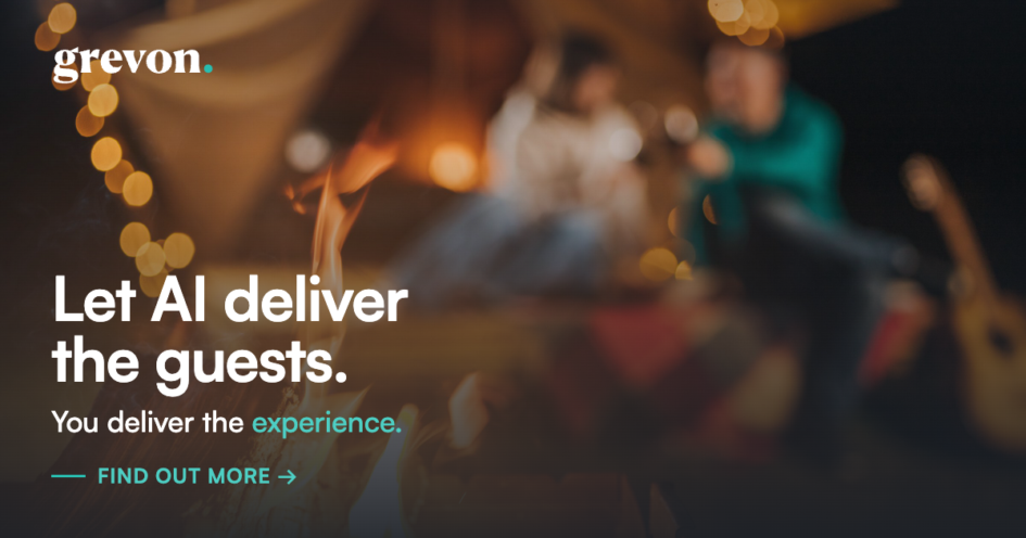 The Grevon logo and following text is layered over a blurry image of a couple in a glamping tent: Let AI deliver the guests. You deliver the experience