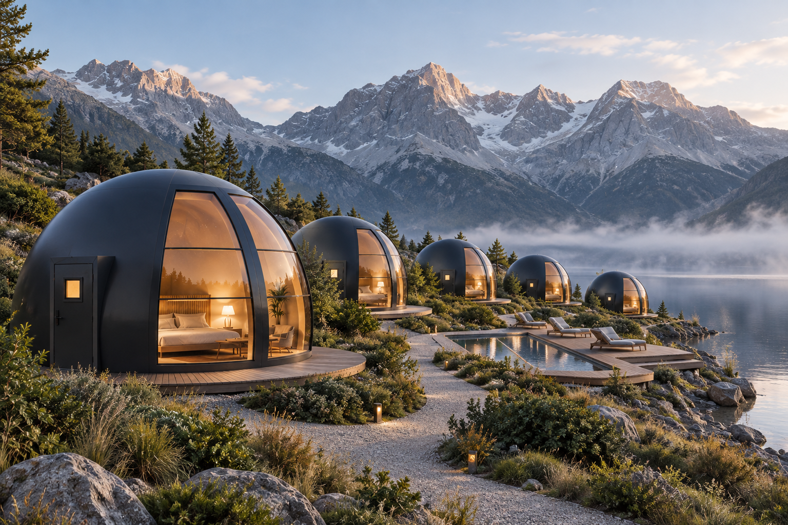 Marsdome domes line a mountain lake with the mountains in the background