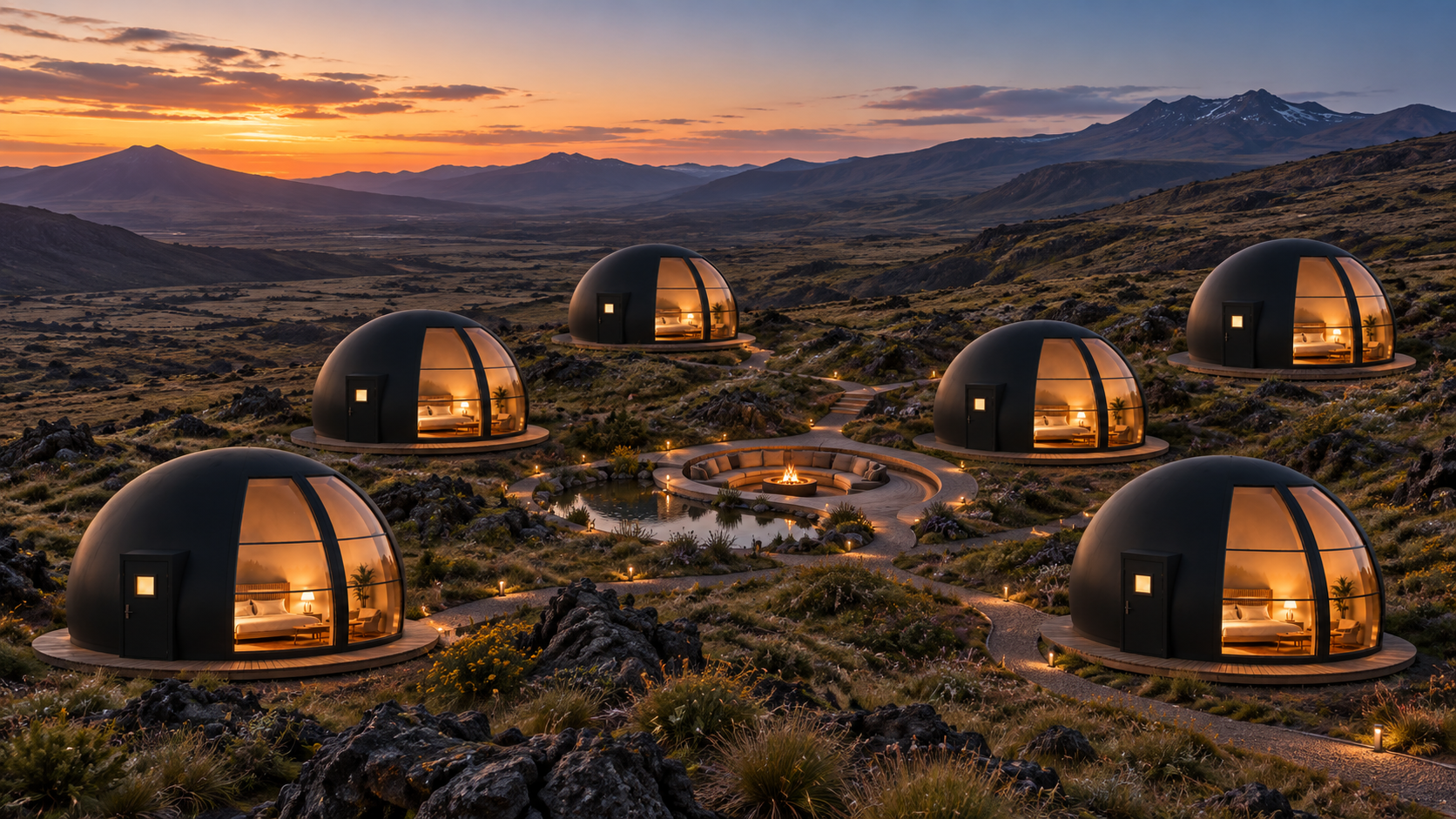 Six Marsdome domes surround a firepit as the sun sets over the distant mountains.