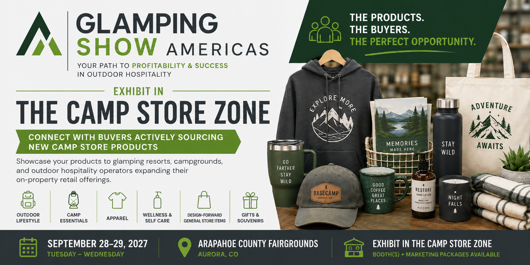 Glamping Show Americas Camp Store Zone exhibit graphic featuring outdoor lifestyle products, camp essentials, apparel, wellness items, gifts and souvenirs. September 28–29, 2027 at Arapahoe County Fairgrounds in Aurora, Colorado.